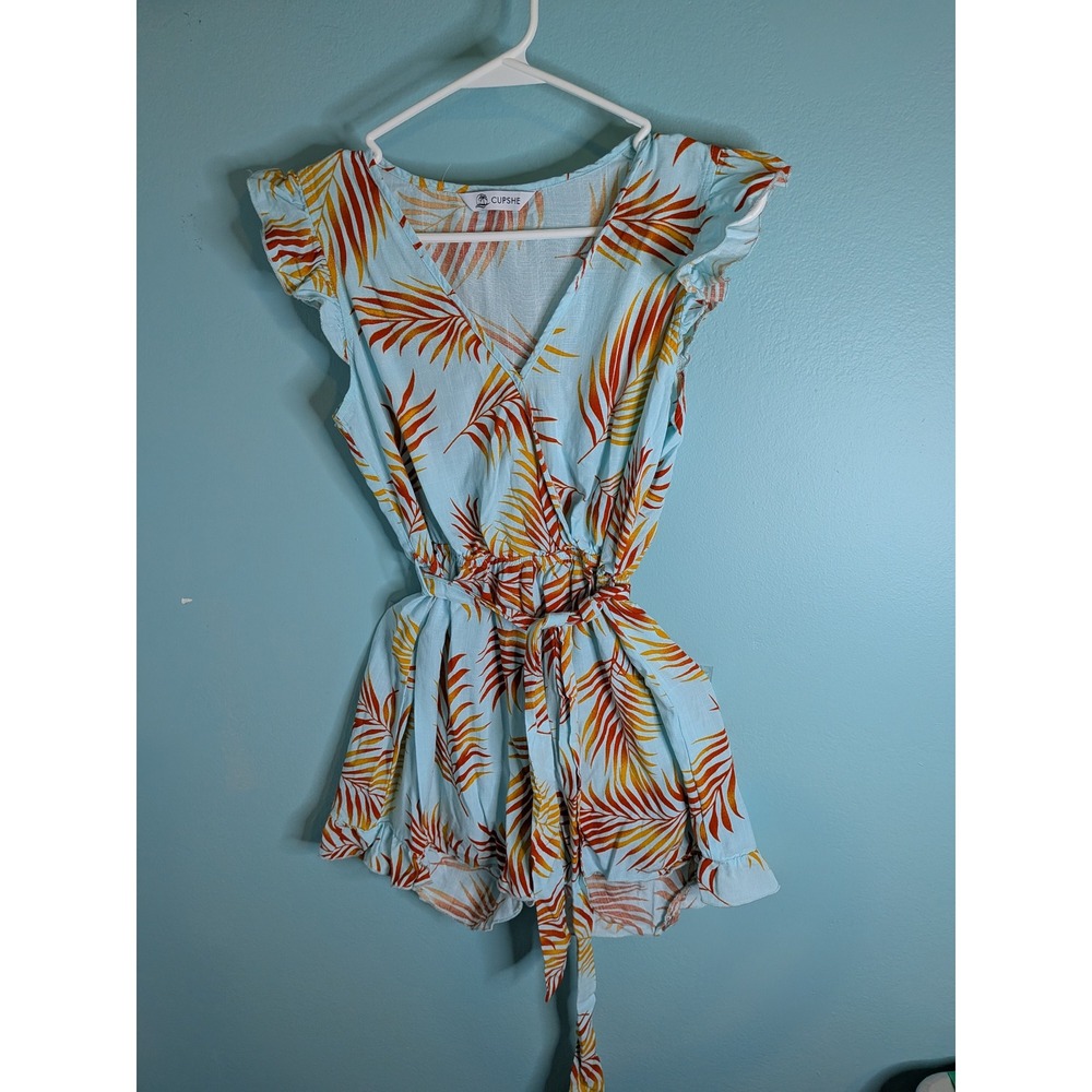 Cupshe Womens Blue Orange Tropical Palm Leaf Print Ruffle Romper Size S Small